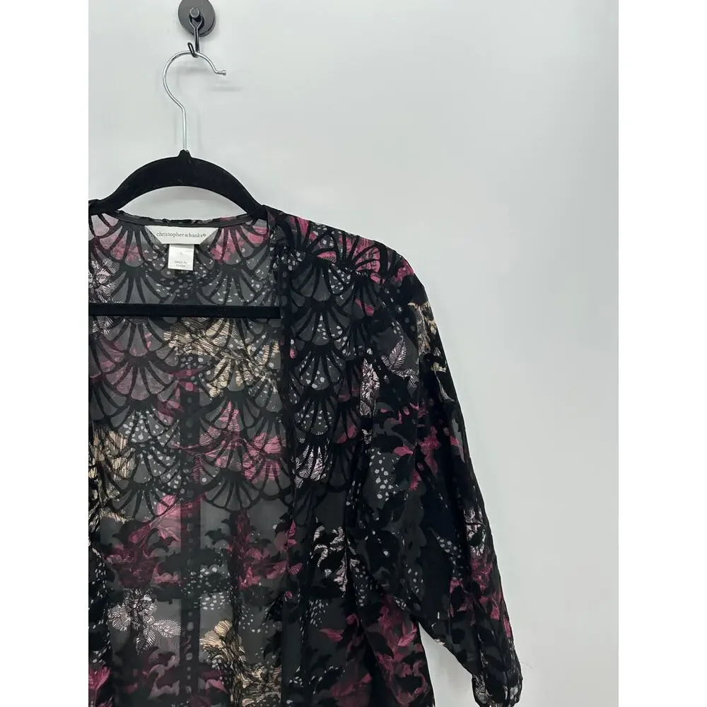 Christopher & Bank Women Black Floral Velvet Burnout Cardigan Size L Half Sleeve